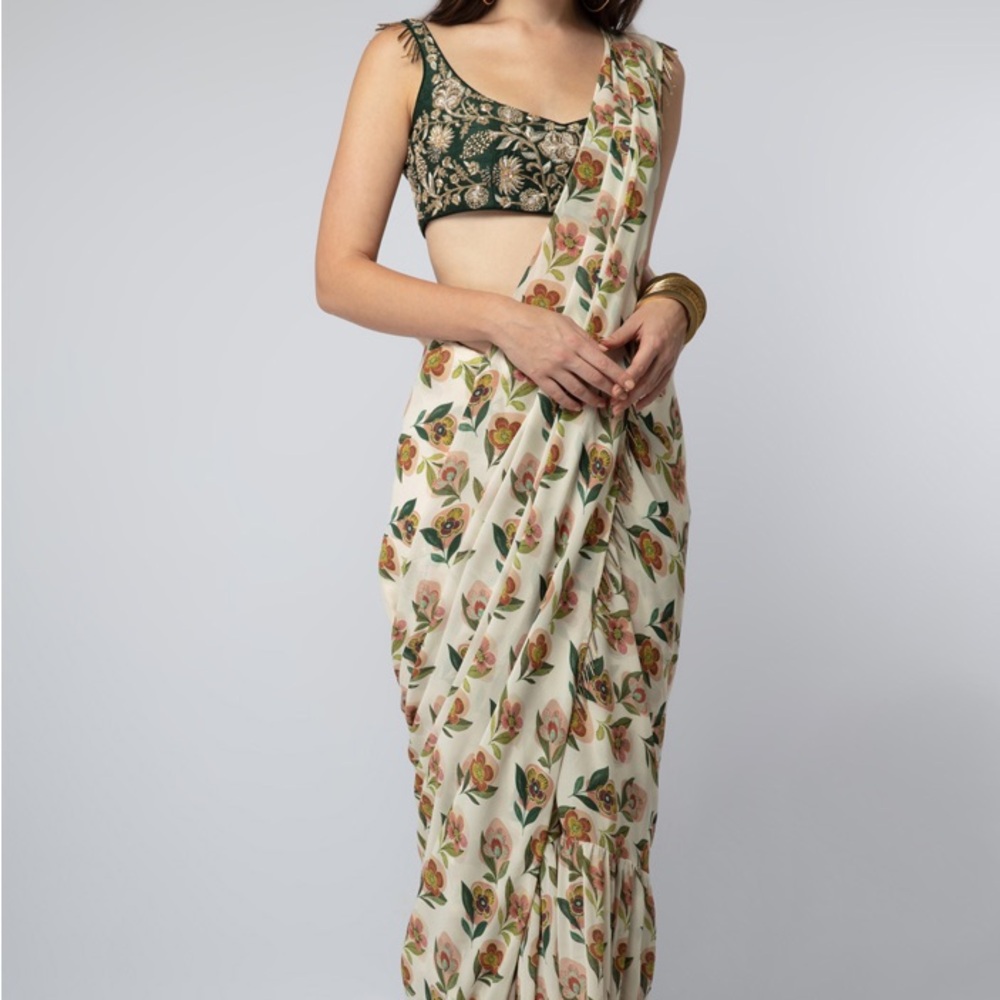 Floral Cream and Green Saree